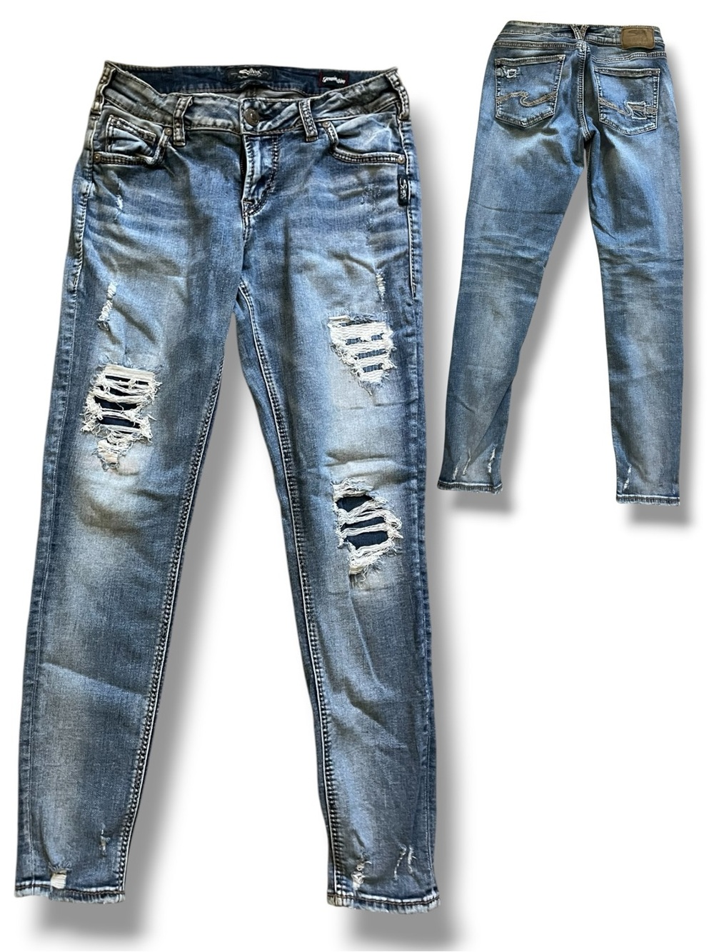 Silver Jeans Co Denimotion Distressed Girlfriend Skinny Jeans W27 L27.5 Blue